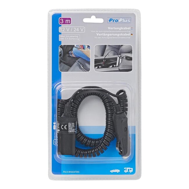 ProPlus Verlengkabel sigarettenaansteker - 3 meter - 12/24V - 3A zekering - zwart