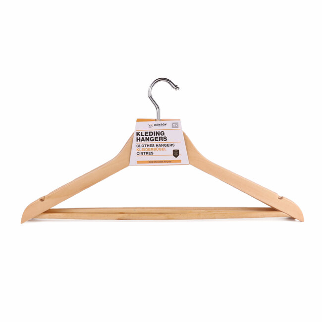 Benson Houten kledinghangers - brede schouders - broekstang - draaibare haak - 45 cm - 3 stuks - naturel