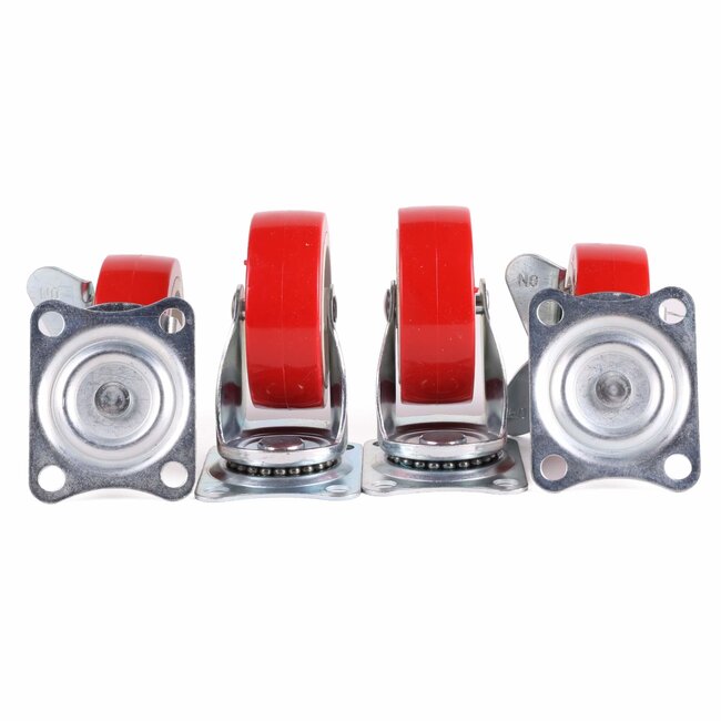 Benson Zwenkwielen set - 2 geremd, 2 ongeremd - 75 mm - rood - 4 stuks