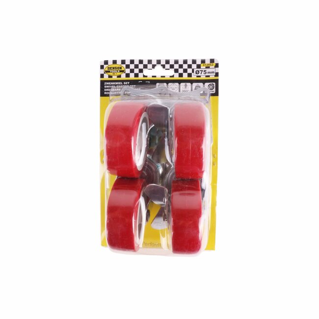 Benson Zwenkwielen set - 2 geremd, 2 ongeremd - 75 mm - rood - 4 stuks