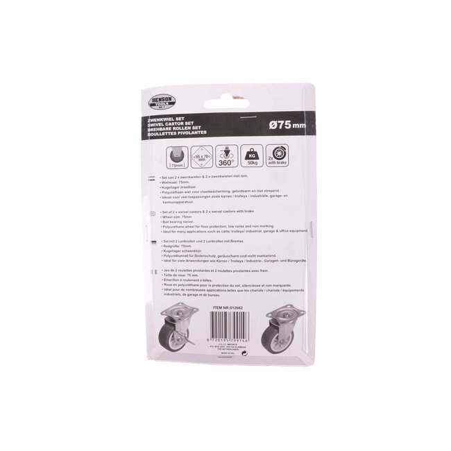 Benson Zwenkwielen set - 2 geremd, 2 ongeremd - 75 mm - rood - 4 stuks