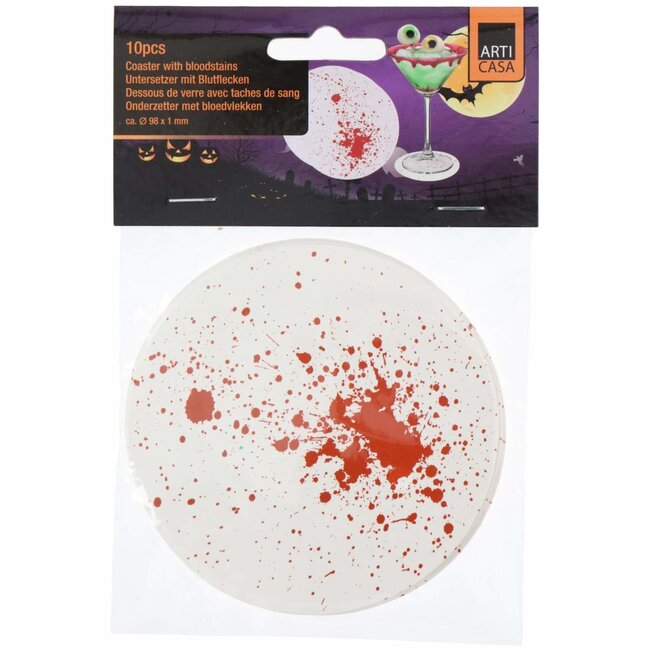 Articasa Halloween onderzetters - Bloedspetters - Ø 9.8 cm - 10 stuks - Wit/Rood
