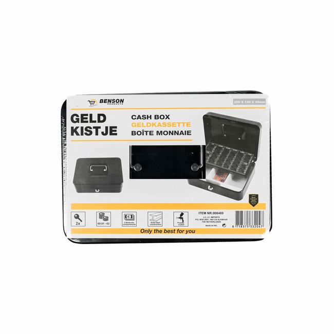 Benson Groot zwart geldkistje - euro muntinzet - stalen behuizing - 250 x 180 x 90 mm