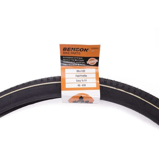 Benson Retro buitenband - witte lijn - reflectie - 28 x 1 1/2 - zwart