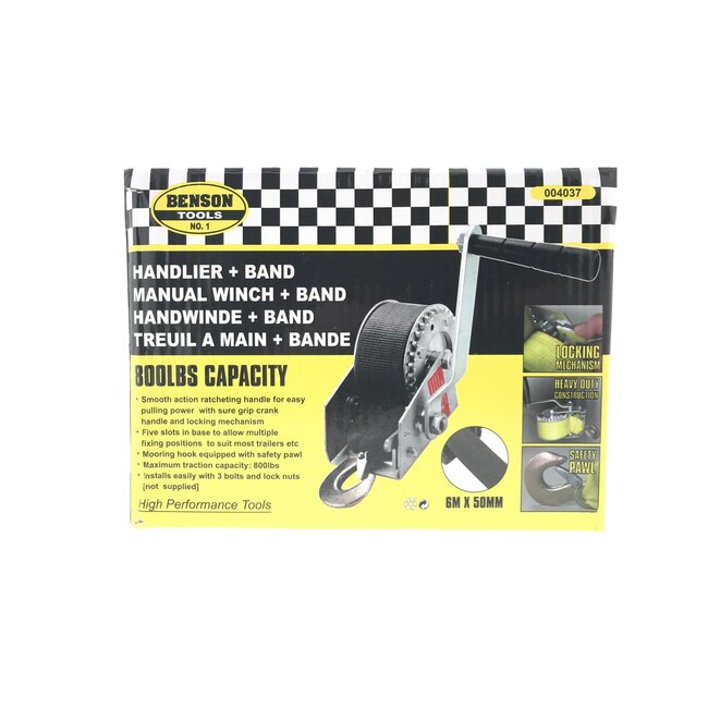 Benson Handlier - 360 kg trekkracht - 6 meter band met haak - Verzinkt - CE keurmerk