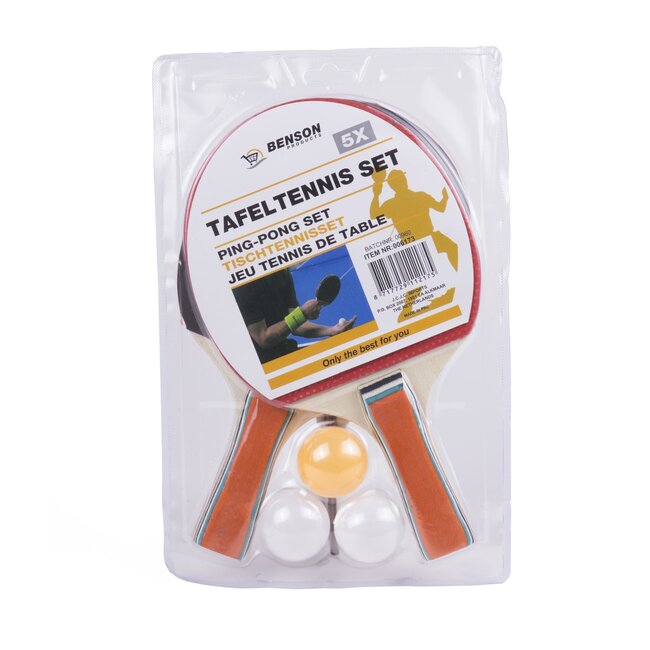 Benson Complete tafeltennisset - 2 batjes - 3 ballen - inclusief etui - ideaal voor beginners en vakantie