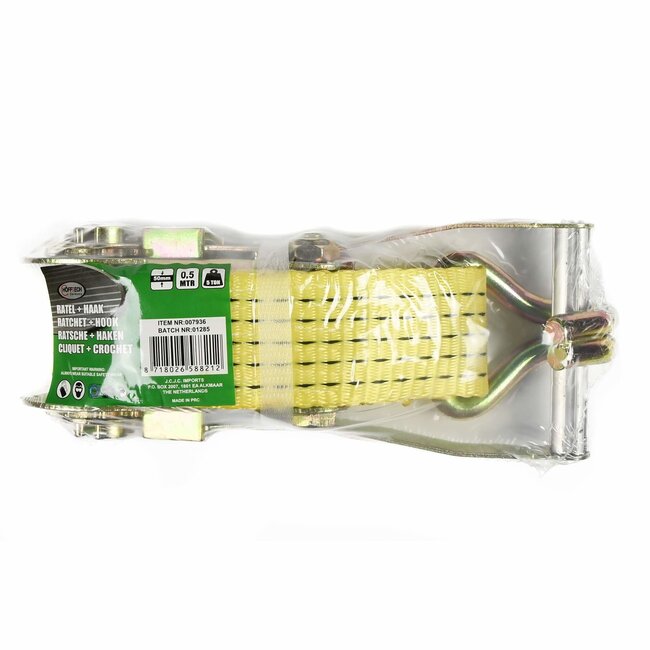 Hofftech Spanband met ratel en haak - 0.5 meter - 5 ton - geel