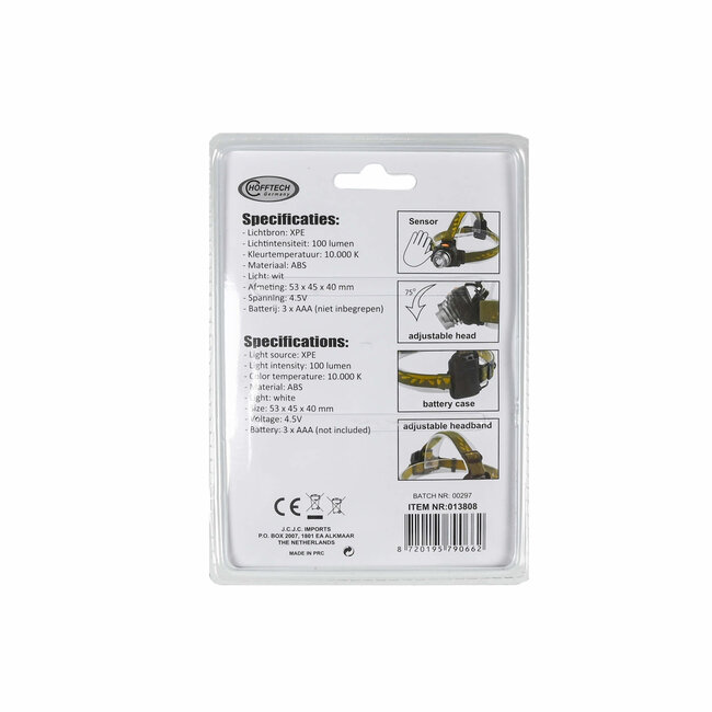 Hofftech Verstelbare LED-hoofdlamp - 3 Watt - Bewegingssensor - 100 lumen - Wit licht