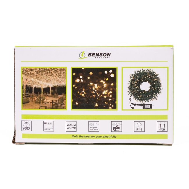 Benson LED lichtsnoer - warm wit - 200 LED - 25 meter - IP44 - met timer en dimmer