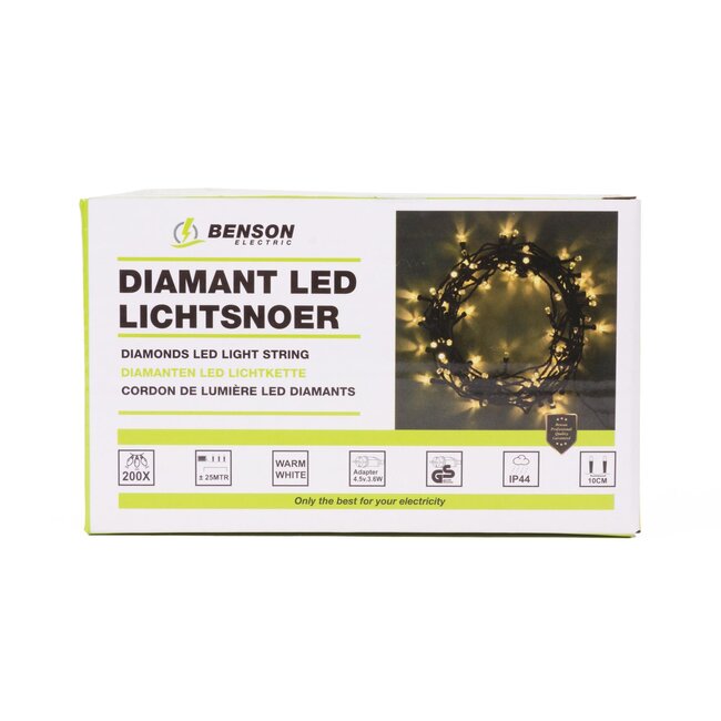 Benson LED lichtsnoer - warm wit - 200 LED - 25 meter - IP44 - met timer en dimmer
