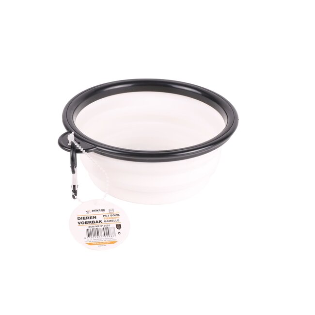 Benson Opvouwbare voer- en drinkbak - siliconen - Ø 13 cm - wit - met karabijnhaak