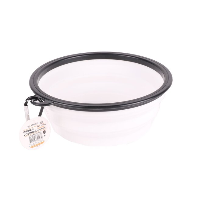 Benson Opvouwbare voer- en drinkbak - 19 cm - Inclusief karabijnhaak - Wit en zwart