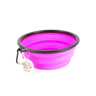 Benson Opvouwbare voer- en drinkbak - siliconen - Ø 19 cm - roze - met karabijnhaak Benson Opvouwbare voer- en drinkbak - siliconen - Ø 19 cm - roze - met karabijnhaak