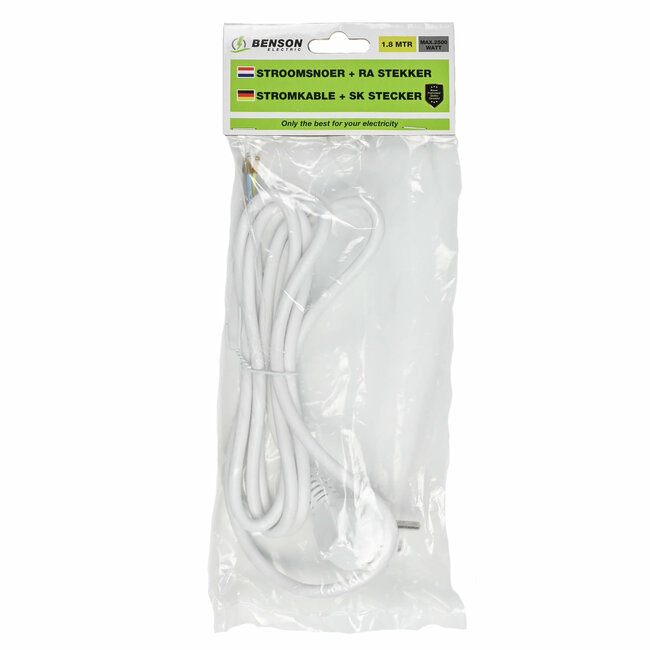 Benson Stroomsnoer met randaarde - 1.8 meter - wit - max. 2500W