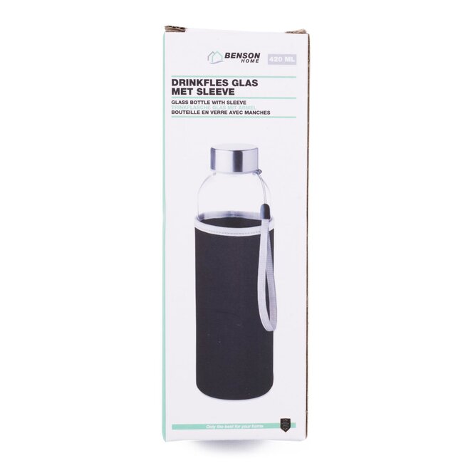 Benson Glazen drinkfles met zwarte hoes - 420 ml - thermisch en beschermend