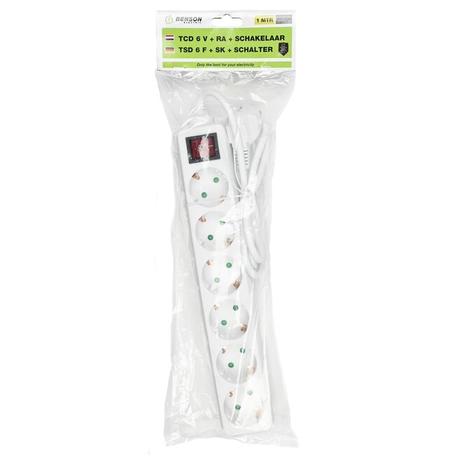 Benson Stekkerdoos - 6 stopcontacten - randaarde - schakelaar - 1 meter - wit