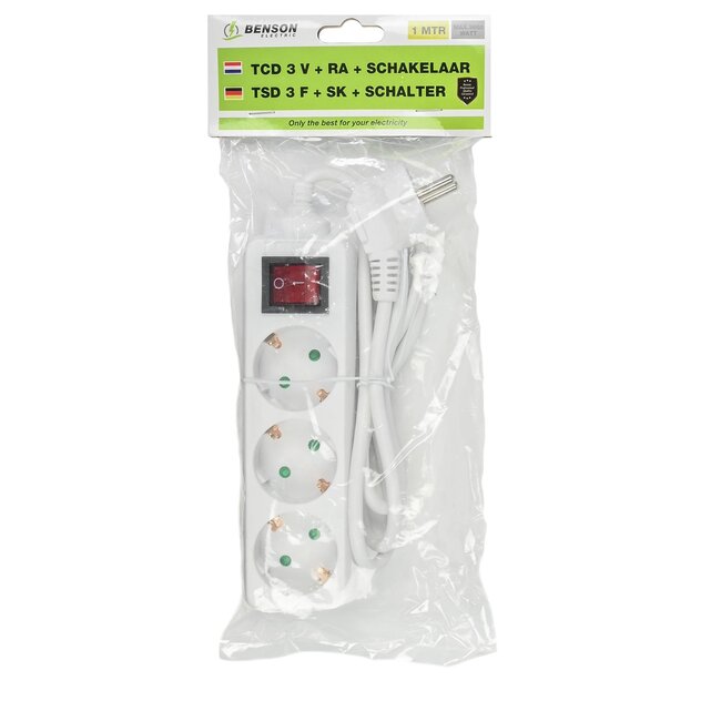 Benson 3-voudige stekkerdoos - randaarde - schakelaar - 1 meter - wit