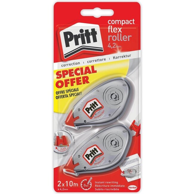 Pritt Compacte correctieroller - flexibele kop - 4,2 mm breed - 10 meter lang - set van 2 stuks