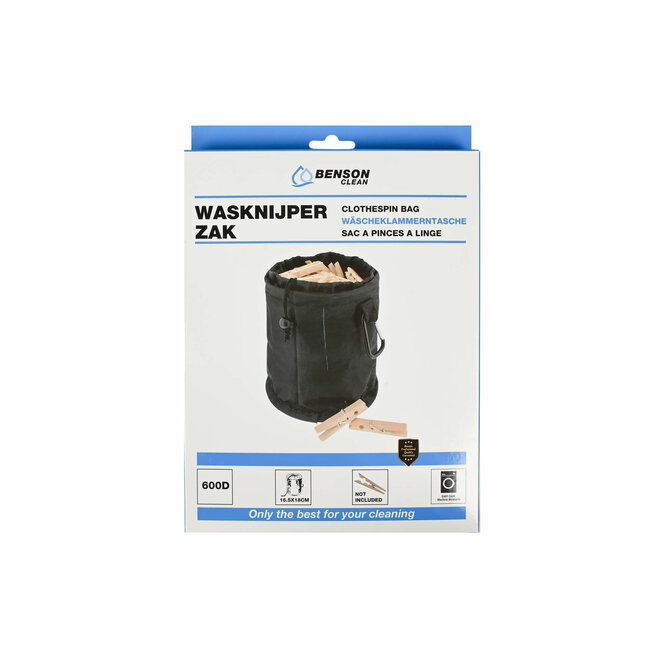 Benson Handige wasknijperzak met karabijnhaak - zwart - wind- en waterdicht - Ø 16,5 x 18 cm