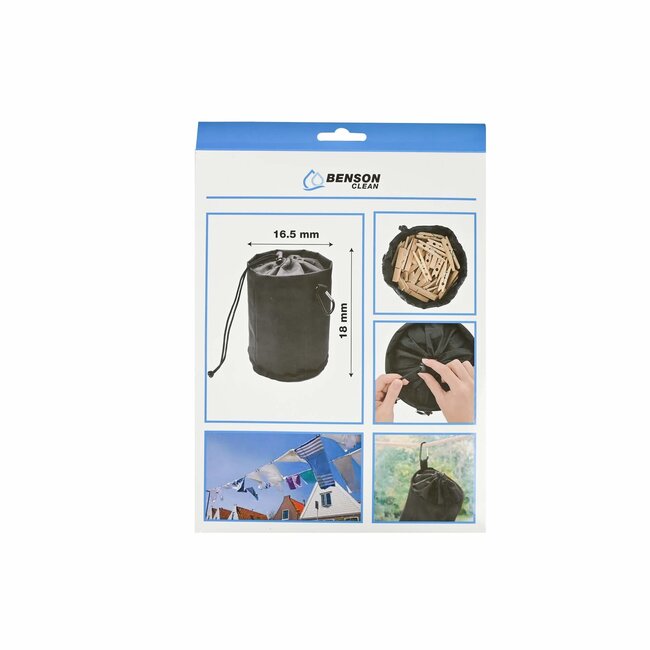 Benson Handige wasknijperzak met karabijnhaak - zwart - wind- en waterdicht - Ø 16,5 x 18 cm