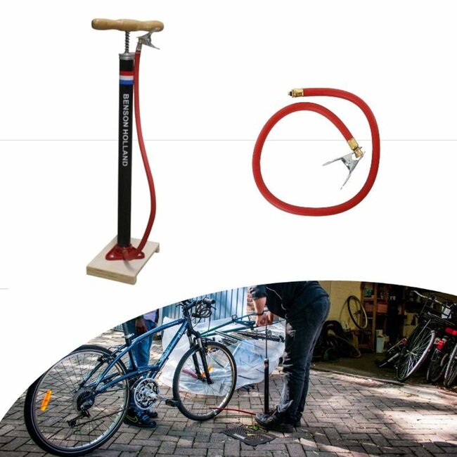 Benson Klassieke fietspomp - houten voetplaat - max 3 bar - handmatig - zwart/rood