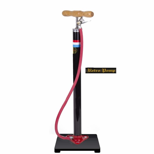 Benson Klassieke fietspomp - houten voetplaat - max 3 bar - handmatig - zwart/rood
