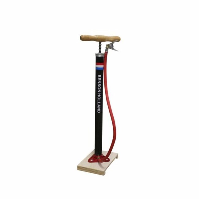 Benson Klassieke fietspomp - houten voetplaat - max 3 bar - handmatig - zwart/rood