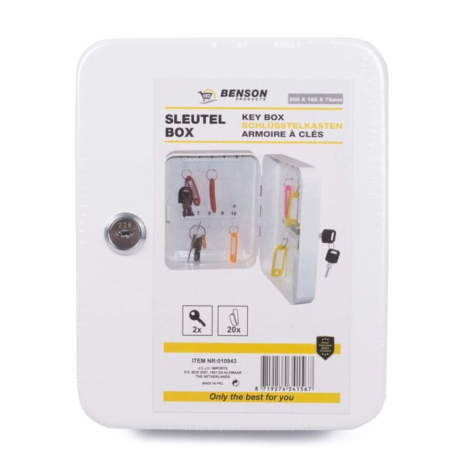 Benson Sleutelbox met 20 haken - genummerd haakrastersysteem - cilinderslot - wandmontage - wit - 16 × 7 × 20 cm