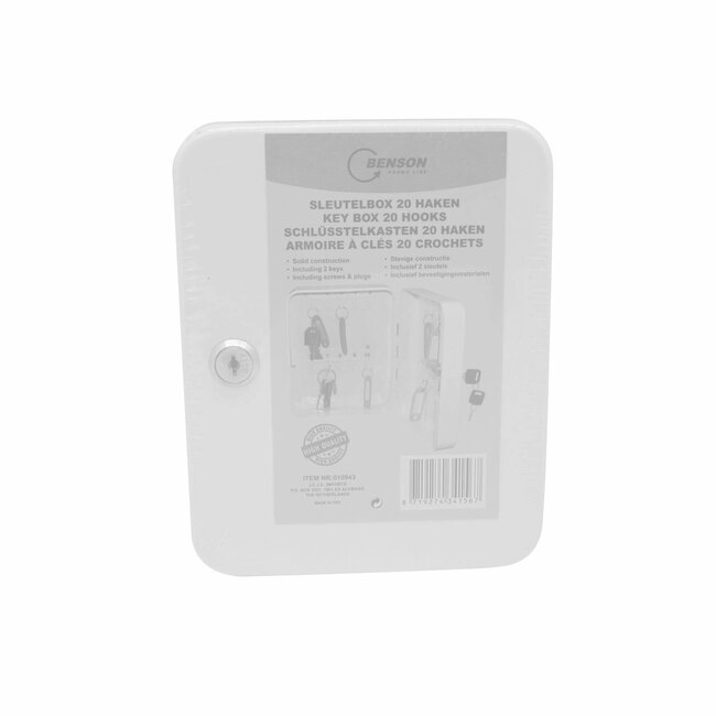 Benson Sleutelbox met 20 haken - genummerd haakrastersysteem - cilinderslot - wandmontage - wit - 16 × 7 × 20 cm