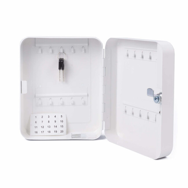 Benson Sleutelbox met 20 haken - genummerd haakrastersysteem - cilinderslot - wandmontage - wit - 16 × 7 × 20 cm