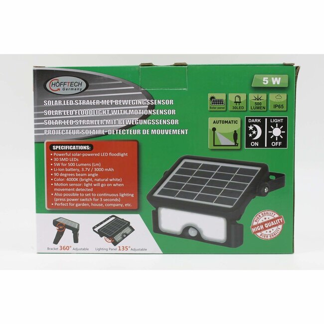Hofftech Krachtige solar LED-schijnwerper - 500 lumen - Bewegingssensor - 30 SMD LEDs - 90° lichtbundel - 4000K