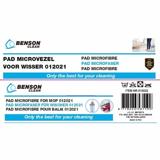 Benson Microvezel pad voor flat mop - 30 x 11,5 cm - herbruikbaar en duurzaam