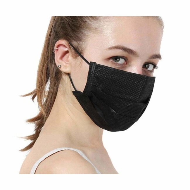 Benson Wegwerpmaskers - 3-laags - zwart - 50 stuks - antibacterieel - latexvrij