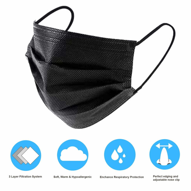 Benson Wegwerpmaskers - 3-laags - zwart - 50 stuks - antibacterieel - latexvrij