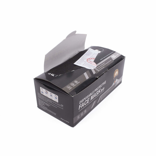Benson Wegwerpmaskers - 3-laags - zwart - 50 stuks - antibacterieel - latexvrij