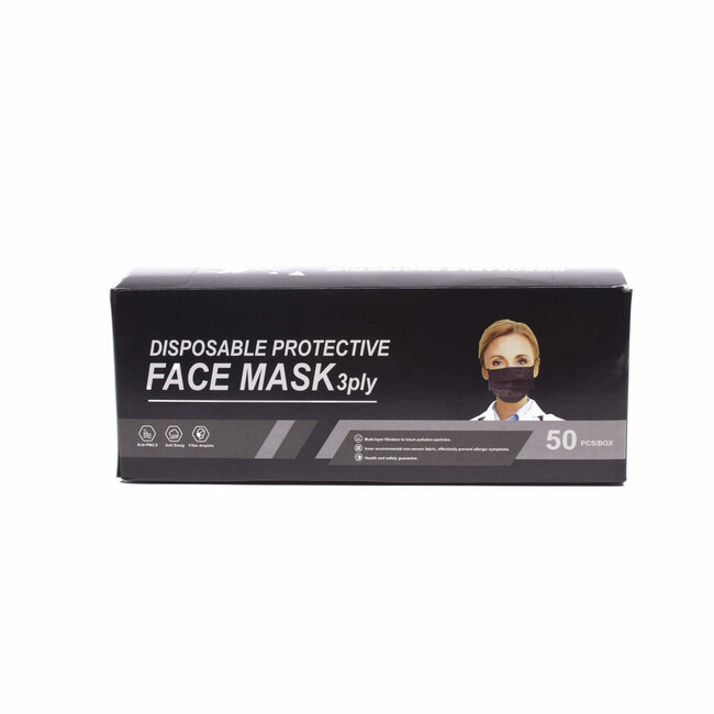 Benson Wegwerpmaskers - 3-laags - zwart - 50 stuks - antibacterieel - latexvrij