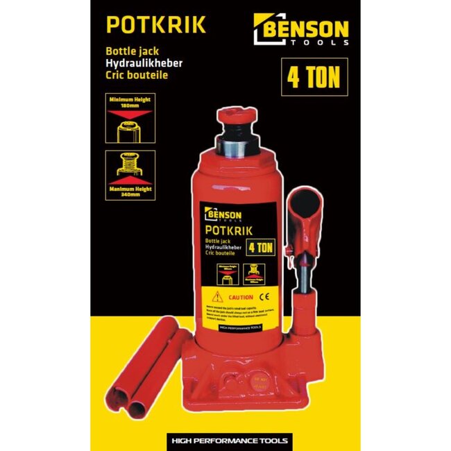 Benson Hydraulische potkrik - 4 ton draagkracht - compact en draagbaar - hefbereik 180-340 mm
