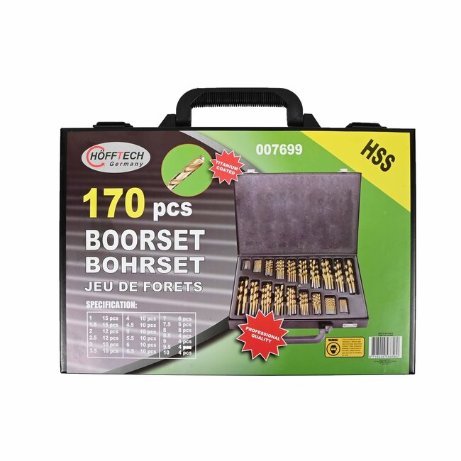 Hofftech 170-delige HSS titanium boorset - veelzijdig en duurzaam - inclusief metalen koffer
