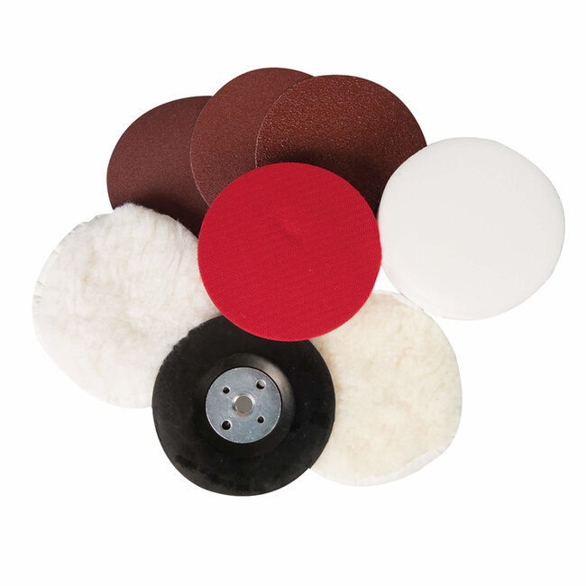 Silverline schuur- en polijstset 115 mm rond - rubber, wol en schuim - meerkleurig - 8-delig - voor hout, metaal en autolak