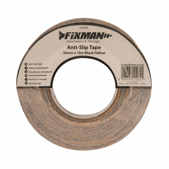 Fixman antisliptape - pvc met aluminiumoxide - water- en chemisch bestendig - 50 mm x 18 m - zwart/geel - traptreden