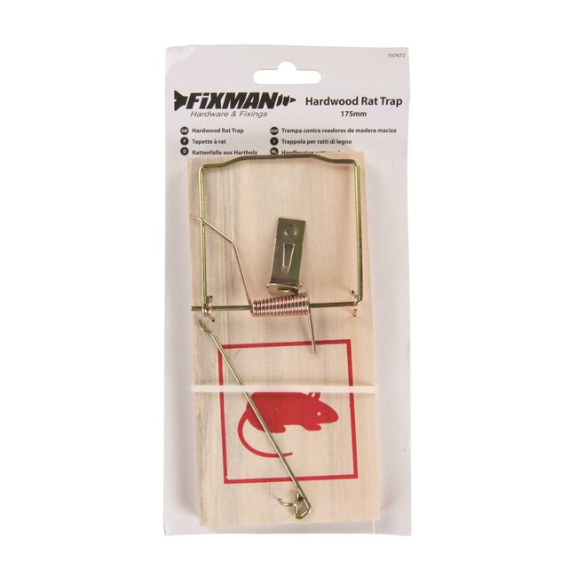 Fixman Rattenval - hardhout en metaal - herbruikbaar met krachtig veermechanisme - 17,5 cm - naturel - binnen/buiten