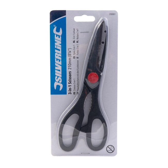 Silverline Keukenschaar 3-in-1 210 mm - roestvrij staal - knippen, vis ontschubben en noten kraken - zilver - vaatwasserbestendig