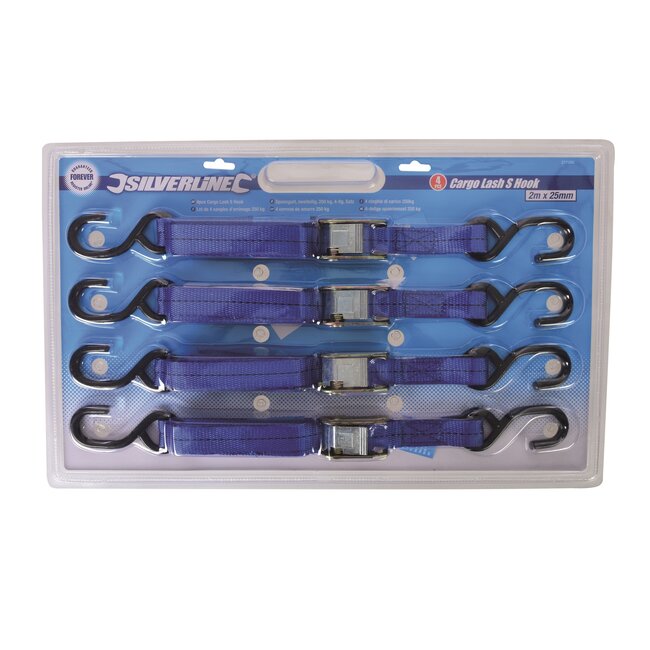 Silverline Ratelspanbanden met s-haken - polyester - weerbestendig - 200 cm - 250 kg - set van 4 - voor lading vastzetten