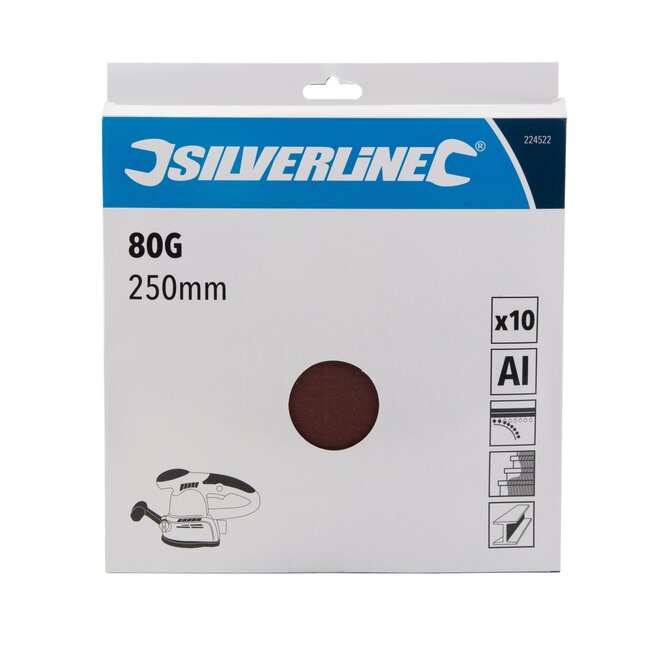 Silverline Schuurschijven klittenband 250 mm rond aluminiumoxide korrel 80 bruin 10 stuks voor schuren op schuurmachines