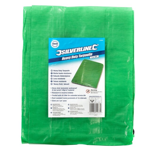 Silverline Dekzeil extra sterk - polyethyleen 140 g/m2 - waterdicht, scheurvast, UV-bestendig - 3 x 4 meter - groen - aanhanger