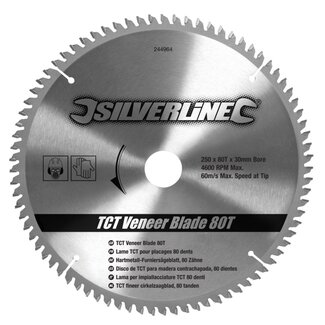 Silverline Zaagblad Cirkelzaag Fineer - Ø 250 mm x 80 TCT Tanden - Inclusief Verloopringen