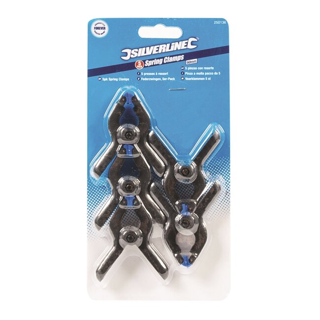 Silverline Veerklemmen - kunststof - roterende antislipbekken voor stevige grip - 60 mm - 5 stuks - modelbouw en knutselwerk