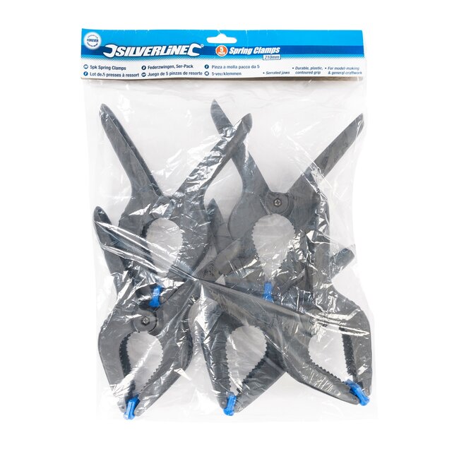 Silverline veerklemmen - kunststof - roterende zwenkbekken en gekartelde kaken - 210 mm - 5 stuks - modelbouw en knutselwerk