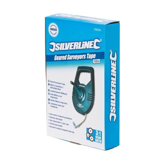 Silverline Landmeter - Meetlint met oprolmechanisme - 100 meter - Ergonomisch - Roestvrij staal