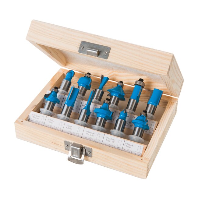 Silverline Freesbitset - 12 mm - 12-delig - TCT snijranden - Houten opbergkistje